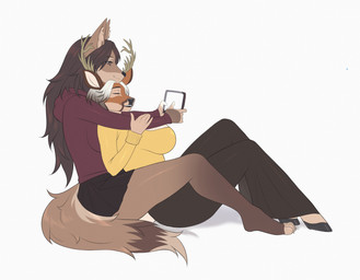 anthro antlers big_breasts biped breasts brown_body brown_fur brown_hair deer_antlers duo female female/female female_anthro fur hair horn long_hair markings mismatched_sexual_dimorphism multicolored_hair spots spotted_body spotted_fur tan_body tan_fur white_hair merciaartlover thea_(theabunn) cervine deer mammal absurd_res hi_res intersex_(lore) trans_(lore) trans_woman_(lore)