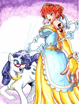 blue_eyes brown_eyes clothing compass dress duo eyewear female feral gem glasses hair horn magic orange_hair quadruped tail irie-mangastudios friendship_is_magic hasbro my_little_pony mythology one_piece nami_(one_piece) rarity_(mlp) equid equine human mammal mythological_creature mythological_equine unicorn 2013 crossover traditional_media_(artwork)