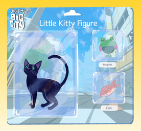 :3 ambiguous_gender black_body black_fur city city_background clothing feral frog_hat fur green_eyes hat headgear headwear paws plastic scar smile solo tail text toony toy whiskers shanhorandraws little_kitty_big_city little_kitty_(lkbc) aquatic domestic_cat felid feline felis fish mammal 2025 english_text hi_res official_art shaded