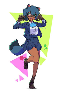 anthro blue_body blue_clothing blue_fur blue_hair blue_tail bottomwear brown_body brown_fur claws clothing coat collared_shirt dress_shirt female footwear fur hair multicolored_eyes necktie school_uniform shirt shoes skirt solo tail topwear uniform white_clothing white_shirt white_topwear bruntk brand_new_animal studio_trigger michiru_kagemori canid canine mammal raccoon_dog tanuki