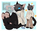 anthro barefoot black_body black_fur blue_eyes bottomwear clothing earbuds electronics feet fur grey_hair hair hand_in_pocket headphones jacket male oversized_bottomwear oversized_clothing pants pawpads pockets portable_music_player sitting solo sparkles standing topwear sh-4rk apple_inc. fall_out_boy folie_a_deux_(album) ipod nine_(sh-4rk) domestic_cat felid feline felis mammal hi_res trans_(lore) trans_man_(lore)