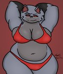 anthro arms_above_head belly big_belly big_breasts bra breasts clothing facial_piercing female hand_behind_head looking_away nose_piercing nose_ring overweight overweight_anthro overweight_female panties piercing red_clothing red_eyes red_panties red_underwear ring_piercing thick_thighs underwear wide_hips isaiahtse mythology esther_rivers_(isaiahtse) canid canine mammal mythological_canine mythological_creature werecanid werecanine werecreature werewolf 2025 digital_drawing_(artwork) digital_media_(artwork) hi_res