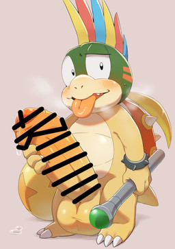 3_toes 4_fingers anthro balls big_balls big_penis blush bodily_fluids bracelet breath dripping erection feet fingers foreskin genital_fluids genitals holding_object holding_penis huge_balls huge_penis humanoid_genitalia humanoid_penis hyper hyper_balls hyper_genitalia hyper_penis ineffective_censorship jewelry long_penis looking_at_viewer male mohawk panting penis precum precum_drip shell small_but_hung solo spiked_bracelet spiked_shell spikes spikes_(anatomy) toes tongue tongue_out wand hitsuzi_taro11 mario_bros nintendo koopaling lemmy_koopa dragon_koopa koopa scalie censored hi_res