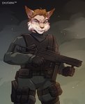 5_fingers anthro blue_eyes brown_hair clothed clothing fingers gun hair holding_gun holding_object holding_ranged_weapon holding_weapon male ranged_weapon smile solo weapon kaitycuddle domestic_cat felid feline felis mammal 2020 digital_media_(artwork)