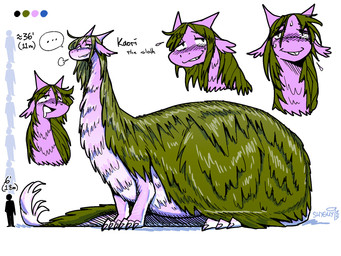 ambiguous_gender bodily_fluids chart drooling extreme_size_difference female feral fur green_body green_fur height_chart height_comparison larger_female pink_body pink_fur quadruped saliva silhouette size_difference smaller_ambiguous solo speech_bubble text shyguy9 mythology kaori_(shyguy9) dragon mythological_creature mythological_scalie scalie 2025 4:3 character_name dated digital_media_(artwork) hi_res model_sheet signature