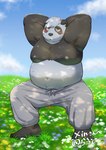 anthro belly big_belly black_body black_nose blush bottomwear clothing cloud detailed_background flower kemono male moobs navel nipples outside overweight overweight_male pants plant solo white_body maron2475 bear giant_panda mammal 2024 hi_res