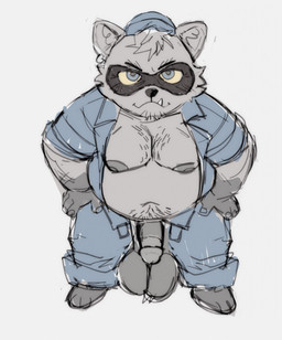 anthro balls belly big_balls blue_eyes body_hair bottomwear chest_hair circumcised clothed clothing coveralls ear_piercing ear_ring genitals hands_on_hips hat headgear headwear jumpsuit looking_at_viewer male moobs nipples open_bottomwear open_clothing open_jumpsuit open_pants open_topwear overweight overweight_anthro overweight_male pants penis piercing ring_piercing saggy_balls short short_male shortstack shortstack_male snaggle_tooth solo topwear unzipped_jumpsuit tora_gy dolly's_factory roblox rocky_(dolly's_factory) mammal procyonid raccoon full-length_portrait portrait
