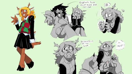 ambiguous_gender annoyed anthro antlers black_bottomwear black_clothing black_hooves black_skirt blonde_hair blush blush_lines bottomwear brown_body buckteeth checkered checkered_clothing checkered_shirt checkered_topwear claws clothed clothed_anthro clothed_human clothing clothing_pull cloven_hooves cross-popping_vein dark_hair dipstick_tail emanata eyebrows eyes_closed faceless_character female female_anthro finger_claws fingers freckled_face freckles frown frustration_cloud fully_clothed fully_clothed_anthro fully_clothed_human fur gesture green_background group hair hand_holding hand_on_face handshake hooves horn iconography jacket long_ears long_hair looking_at_another looking_at_viewer love markings mind_control motion_lines pants pattern_clothing pattern_shirt pattern_topwear red_nose sad scared scut_tail shirt short_hair short_tail simple_background skirt smile snowgrave solo_focus sweater tail tail_markings teary_eyes teeth text thorns tomboy topwear trio wounded artsyrean deltarune undertale_(series) kris_dreemurr noelle_holiday susie_(deltarune) deer human mammal new_world_deer reindeer reptile scalie 16:9 2025 absurd_res digital_media_(artwork) english_text expression_sheet hi_res widescreen nonbinary_(lore)