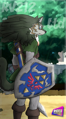 anthro anthrofied blue_eyes brown_body brown_fur clothed clothing ear_piercing ear_ring fur holding_melee_weapon holding_object holding_shield holding_sword holding_weapon looking_at_viewer looking_back looking_back_at_viewer male melee_weapon piercing ring_piercing shield solo standing sword weapon rv212studios nintendo the_legend_of_zelda link_(wolf_form) canid canine canis mammal wolf 9:16 hi_res watermark