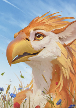 ambiguous_gender anthro beak feathers flower looking_aside open_mouth open_smile plant sky smile solo ariesredlo avian