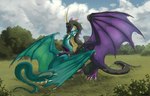 claws crouching duo eyes_closed feral grass hug outside plant smile tongue tongue_out wings kira_larsson european_mythology mythology dragon mythological_creature mythological_scalie scalie western_dragon wyvern