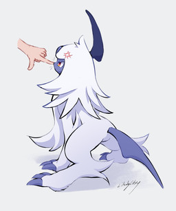 ambiguous_gender boop butt claws cross-popping_vein disembodied_hand duo emanata feral fur horn nose_boop red_eyes tail white_body white_fur likey nintendo pokemon absol generation_3_pokemon human mammal pokemon_(species) 2025 5:6 hi_res