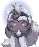 anthro anus balls big_butt blush butt fluffy fluffy_tail fur genitals grey_body grey_fur huge_butt male rear_view simple_background solo spread_anus spreading tail cornstick nintendo pokemon bow_(bowhuskers) arcanine generation_1_pokemon pokemon_(species) hi_res