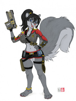 4_toes anklet anthro bandolier barefoot belt_pouch black_hair blue_eyes breasts buckteeth claws cleavage clothed clothing dagger feet female fur grey_body grey_fur gun hair jewelry melee_weapon open_mouth pawpads pink_pawpads plantigrade ponytail ranged_weapon simple_background solo tail teeth toes uniform weapon white_background kacey werewolf_ss star_trek_online callie_(kanrodstavoyan) callista_brandis_(kanrodstavoyan) mammal rodent sciurid tree_squirrel 2019 hi_res