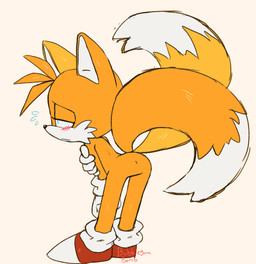 2_tails anthro anus biped blush bodily_fluids butt clothing dipstick_tail embarrassed featureless_crotch footwear fur male markings multi_tail multicolored_clothing multicolored_footwear multicolored_shoes no_genitals orange_body orange_fur orange_tail presenting presenting_hindquarters red_clothing red_footwear red_shoes shoes socks solo sweat tail tail_markings white_body white_clothing white_footwear white_fur white_shoes white_socks white_tail_tip young young_anthro young_male bubblegumbomb sega sonic_the_hedgehog_(series) miles_prower canid canine fox mammal absurd_res hi_res