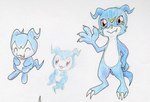 ambiguous_gender anthro claws cute_fangs eyes_closed fangs gesture group looking_at_viewer open_mouth teeth toe_claws trio waving teochronico bandai_namco digimon demiveemon digimon_(species) veemon hi_res traditional_media_(artwork)