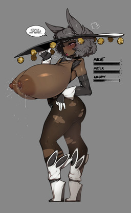 angry areola big_breasts big_butt blush bodily_fluids body_slider breast_expansion breasts bunny_costume butt clothing costume dark_body dark_skin dialogue expansion exposed_breasts female frowning_at_viewer green_eyes grey_hair hair hat headgear headwear huge_breasts lactating looking_pleasured milk nipples open_mouth projectile_lactation short_hair simple_background solo speech_bubble standing sweat sweatdrop talking_to_viewer text thick_thighs tongue tongue_out torn_clothing slugbox blackriver animal_humanoid cat_humanoid felid felid_humanoid feline feline_humanoid humanoid mammal mammal_humanoid 2025 english_text hi_res