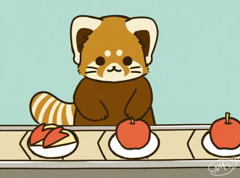 apple black_nose brown_body brown_fur chibi dot_eyes eating eyes_closed feral food fruit fur kemono plant simple_eyes solo text shi_nominmin ailurid mammal red_panda 2021 animated japanese_text no_sound short_playtime video