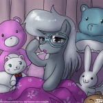 1:1 2012 bed bed_head daww earth_pony equid equine eyewear female feral friendship_is_magic furniture glasses grey_hair hair half-closed_eyes hasbro horse inside john_joseco mammal my_little_pony narrowed_eyes pillow plushie pony purple_eyes silver_spoon_(mlp) solo teddy_bear young young_feral