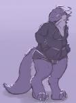 anthro biped blue_tongue bulge claws clothed clothing digitigrade fur grin half-closed_eyes hoodie horn male multicolored_body multicolored_fur narrowed_eyes purple_background simple_background slightly_chubby smile solo standing tail toe_claws tongue tongue_out topwear two_tone_body two_tone_fur underwear nixx mythology nixx_(character) dragon mythological_creature mythological_scalie scalie 2014 digital_drawing_(artwork) digital_media_(artwork) full-length_portrait hi_res monochrome portrait