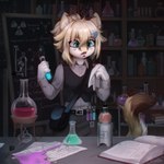 anthro beaker belt biped blonde_hair blood blue_eyes bodily_fluids book brown_tail chalkboard clothed clothing detailed_background fully_clothed fur hair holding_object inner_ear_fluff inside laboratory_equipment laboratory_glassware nosebleed scientific_instrument shelf standing tail test_tube text tuft vial white_body white_fur white_inner_ear_fluff yellow_body yellow_fur yellow_tail unluckymireille felid feline mammal 1:1 2024 absurd_res digital_media_(artwork) english_text hi_res