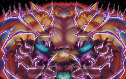 ambiguous_gender anthro aura big_muscles blue_markings blue_stripes claws countershade_torso countershading energy evil_grin facial_markings galaxy glowing glowing_eyes grin head_markings huge_muscles hyper hyper_muscles intergalactic_macro macro markings mask_(marking) muscular sharp_teeth smile solo space star stripes teeth terra_macro white_body white_countershading yellow_body bobert capcom monster_hunter grev_(greviste) flying_wyvern tigrex hi_res