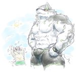 abs anthro biceps bottomwear bulge clothing duo eyewear goggles green_eyes male muscular muscular_anthro muscular_male nipples pecs red_sclera shorts swimming swimwear caffeinecanine lifewonders live_a_hero monomasa canid canine canis domestic_dog husky mammal nordic_sled_dog spitz