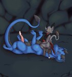 anthro balls black_body black_fur black_horn blue_body blue_scales bodily_fluids butt cave cave_background cheek_tuft claws duo eye_roll facial_tuft fangs feces feces_in_mouth feces_on_face feral fur genital_fluids genitals grey_body grey_fur grey_horn grey_scales horn jewelry leaking_precum lying male narrowed_eyes necklace on_back open_mouth orange_body orange_eyes orange_fur penis pooping pooping_in_mouth pooping_on_another precum raised_tail red_eyes scales scatplay sitting_on_another tail tail_tuft teeth toe_claws tongue tongue_out tuft dirk_aukea_(artist) mythology alenn maxim_(axiomjejune) dragon imp mythological_creature mythological_scalie scalie absurd_res hi_res
