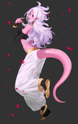 anklet arm_warmers armwear black_nails black_sclera bracelet breasts butt butt_pose clothing colored_nails ear_piercing fangs female gold_(metal) gold_jewelry grey_background hair humanoid_pointy_ears jewelry long_hair looking_at_viewer nails neck_ring not_furry open_mouth piercing pink_body pink_skin pink_tail pointy_ears pose raised_leg red_eyes sharp_teeth simple_background solo tail teeth tongue white_hair yuzumaru_(yosshy1831) dragon_ball dragon_ball_fighterz android_21 majin_android_21 alien alien_humanoid humanoid majin 2018 absurd_res hi_res