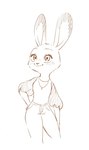 anthro blush bottomwear clothing denim denim_bottomwear denim_clothing female hand_on_hip jeans jewelry necklace pants puffy_sleeves solo topwear memegmu disney zootopia judy_hopps lagomorph leporid mammal rabbit 2023 digital_media_(artwork) monochrome