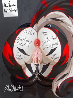 against_surface against_wall anthro anus bent_over big_tail biped black_clothing black_legwear black_thigh_highs bodily_fluids body_fur body_writing bodypaint butt butt_focus clothing cum cum_drip cum_in_ass cum_inside directional_arrow dripping fat_mons female fur genital_fluids genital_focus genitals glory_hole glory_use glory_wall grey_body grey_fur legwear lower_body markings nude nude_anthro nude_female pose puckered_anus rear_view red_anus red_vulva solo standing tail thigh_highs through_wall vulva white_body white_fur wolf_tail stay_hard third-party_edit canid canine mammal 3:4 absurd_res censor_removal_edit colored detailed digital_drawing_(artwork) digital_media_(artwork) hi_res shaded