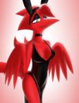absurd_res anthro avian beak bedroom_eyes bird breasts cleavage clothed clothing eyebrows eyelashes fake_ears fake_rabbit_ears feather_6 feathered_wings feathers female half-closed_eyes hi_res narrowed_eyes non-mammal_breasts seductive simple_background solo tail tail_feathers true_fire whitephoenix52 wings