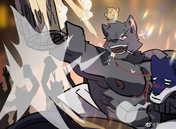 abs beer_mug blurred_background cigarette cigarette_in_mouth drunk male muscular muscular_male nipples object_in_mouth pecs pointy_speech_bubble scar silhouette solo speech_bubble substance_intoxication delax avian bird canid canine canis chicken galliform mammal phasianid wolf source_request