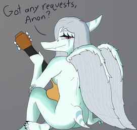 amber_eyes anthro breasts butt claws dialogue elbow_feathers electric_guitar eyelashes feathered_wings feathers feet female grey_background grey_body grey_hair grey_scales guitar hair long_hair looking_back musical_instrument nude offscreen_character plucked_string_instrument scales short_tail simple_background sitting smile snout solo string_instrument tail text toe_claws toes wings maverick074 cavemanon_studios goodbye_volcano_high ko_op_(game_developer) snoot_game fang_(gvh) prehistoric_species pterosaur reptile scalie 2024 absurd_res digital_drawing_(artwork) digital_media_(artwork) english_text hi_res