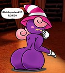 big_butt blush butt clothing female hair handwear hat headgear headwear looking_back not_furry pink_hair simple_background solo stuck worried biofspades420 mario_bros nintendo paper_mario vivian_(mario) ghost humanoid shadow_siren spirit digital_media_(artwork) hi_res