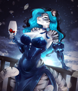 alcohol anthro armwear balcony beverage black_hair blue_clothing blue_dress blue_eyes blue_highlights choker clothing cloud container cup dress drinking_glass elbow_gloves evening_dress evening_gloves evening_gown female fingerless_gloves fur glass glass_container glass_cup gloves grey_body grey_fur hair handwear highlights_(coloring) jewelry leaning necklace night slit_dress smug solo sparkles star strapless_clothing strapless_dress striped_body stripes tail wine wine_glass kristiana_puff freyja_(freyjatigress) felid feline mammal pantherine tiger absurd_res hi_res