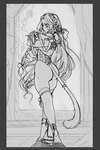 bare_butt barefoot border bow_ribbon chain clothing corset cuff_(restraint) feet female grey_border hair lingerie long_hair looking_back mostly_nude restraints shackles shy solo tail topwear final_fantasy square_enix felid mammal ronso greyscale monochrome sketch