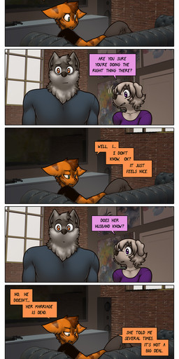 anthro dialogue female group male text trio james_howard patreon alphonse_(james_howard) jill_(james_howard) richard_(james_howard) canid canine canis domestic_cat domestic_dog felid feline felis mammal wolf absurd_res comic english_text hi_res url