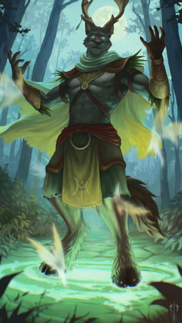 anthro armor cloak clothing detailed_background digitigrade feet forest glowing glowing_eyes green_eyes handpaw horn light magic male moonlight muscular paws plant plantigrade solo standing tree levsha