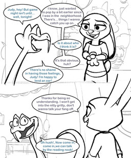 anthro clothed clothing dialogue duo female feral inviting limbless_vertebrate male missing_fang rabbit_ears tet_40 disney zootopia gary_de'snake judy_hopps european_rabbit lagomorph leporid mammal oryctolagus pit_viper rabbit reptile scalie snake viper comic hi_res monochrome