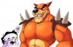 abs biceps black_hair black_nose blush bodily_fluids chest_tuft dialogue drooling duo facial_hair fangs fur hair heart_symbol male male/male muscular muscular_male mustache orange_body orange_fur pecs saliva size_difference spikes teeth tuft pterro activision crash_bandicoot_(series) oney_plays julian_marcel tiny_tiger dasyuromorph human mammal marsupial recently_extinct_species thylacine hi_res pictographics