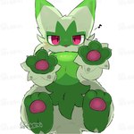 ambiguous_gender anthro blush claws dipstick_ears ear_markings feet front_view fur gloves_(marking) green_body green_fur green_tail leg_markings markings multicolored_ears musical_note musical_symbol open_mouth pawpads paws pink_pawpads red_eyes simple_background socks_(marking) soles solo symbol tail white_background white_claws tontaro nintendo pokemon felid feline floragato generation_9_pokemon mammal pokemon_(species) 1:1 signature watermark