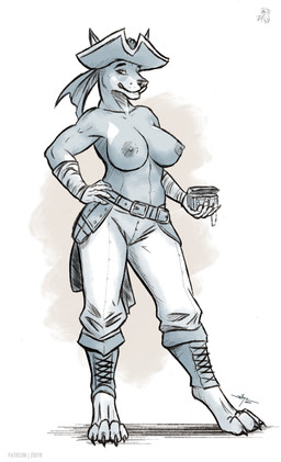 4_toes anthro big_breasts bottomwear breasts clothed clothing feet female fur hat headgear headwear hindpaw nipples pants paws pirate solo standing toes topless topless_anthro topless_female tricorne zibyr charlotte_(baron03) canid canine canis dobermann domestic_dog mammal pinscher hi_res