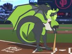 anthro areola ball baseball_(ball) baseball_bat baseball_field baseball_uniform bat_(object) big_areola big_breasts big_nipples black_areola black_body black_nipples breasts claws clothed clothing curvy_figure female green_body green_claws green_eyes green_hair green_scales hair huge_areola huge_breasts huge_nipples jersey leaning leaning_forward leaning_on_object looking_at_viewer membrane_(anatomy) membranous_wings nipples non-mammal_nipples partially_clothed pose scales smile smiling_at_viewer solo sportswear stadium standing tail thick_tail uniform wings knockedoutdragon european_mythology mlb mythology san_francisco_giants kaya_(knockedoutdragon) dragon mythological_creature mythological_scalie scalie western_dragon 4:3 hi_res pinup