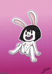 anthro black_hair buckteeth dot_eyes eyebrows female flat_chested fur genitals hair navel nipples nude open_mouth pink_nose pussy short_hair simple_background simple_eyes sitting smile solo spread_legs spreading teeth tongue white_body white_fur young young_anthro jrtmrx elinor_wonders_why pbs elinor_rabbit lagomorph leporid mammal rabbit hi_res