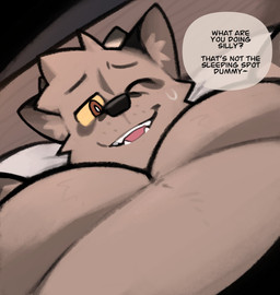 anthro bodily_fluids brown_body brown_eyes first_person_view looking_at_viewer male muscular one_eye_closed pecs solo speech_bubble sweat sweatdrop talking_to_viewer text yellow_sclera rygel_spkb yoby_(rygel_spkb) canid canine canis mammal 2024 absurd_res digital_media_(artwork) english_text hi_res