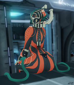 bent_legs butt extended_arms female hands_on_knees hands_on_legs hands_on_own_knees hands_on_own_legs holding_both_knees holding_both_legs legs_over_edge looking_at_viewer looking_back not_furry over_edge sitting solo komissar_bav digital_extremes tencent warframe valkyr_(warframe) alien humanoid tenno 2015 hi_res