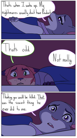 anthro bed bedding blanket bodily_fluids dialogue duo female fur furniture grey_body grey_fur lying male orange_body orange_fur pointy_ears rabbit_ears scared tears teary_eyes text trauma_dumping hahstudios disney zootopia judy_hopps nick_wilde canid canine european_rabbit fox lagomorph leporid mammal oryctolagus rabbit red_fox true_fox comic english_text