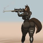 aiming_weapon anthro big_breasts big_butt biped black_sclera breasts brown_body brown_fur butt clothing female fur grey_eyes gun holding_object holding_weapon huge_butt huge_thighs mouth_closed outside ranged_weapon rear_view rifle rifle_scope skinsuit sniper_rifle solo standing tail thick_thighs tight_clothing weapon wide_hips popogori canid canine canis domestic_dog mammal 1:1 absurd_res colored hi_res