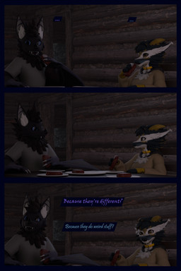 anthro arm_warmers armwear blue_body blue_eyes blue_fur bottomwear clothing collar confusion dialogue female fur furniture hoodie male multicolored_body multicolored_fur purple_body purple_fur shirt shorts sitting table tank_top text topwear yellow_eyes flailingfornication bat kobold mammal nardoragon scalie 2:3 3d_(artwork) absurd_res comic digital_media_(artwork) english_text hi_res brother_(lore) sibling_(lore) sister_(lore)